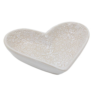 Large Floral Heart Trinket Dish | White Ceramic Jewellery Dish Flower Design