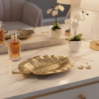 Large Gold Leaf Shaped Trinket Tray 35cm Decorative Metal Leaf Plate Vanity Dish