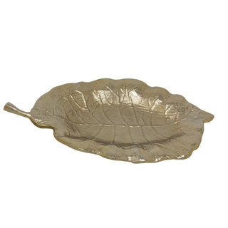 Large Gold Leaf Shaped Trinket Tray 35cm Decorative Metal Leaf Plate Vanity Dish