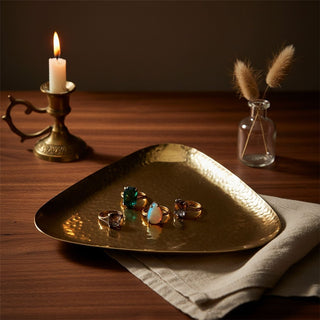 Large Gold Triangular Trinket Tray 23cm Jewellery Dish, Metal Candle Plate