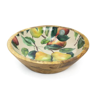 Large Mango Wood Bowl with Enamel Apples & Pears Design | Wooden Fruit Bowl 24cm