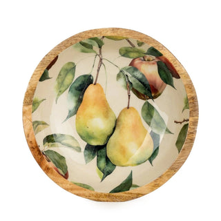 Large Mango Wood Bowl with Enamel Apples & Pears Design | Wooden Fruit Bowl 24cm