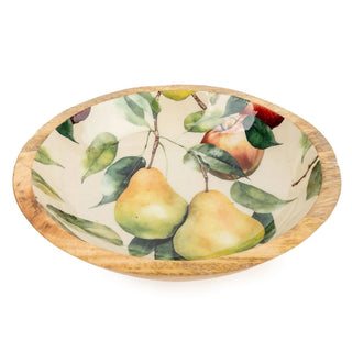 Large Mango Wood Bowl with Enamel Apples & Pears Design | Wooden Fruit Bowl 24cm