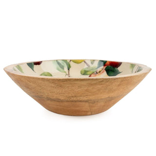 Large Mango Wood Bowl with Enamel Apples & Pears Design | Wooden Fruit Bowl 24cm