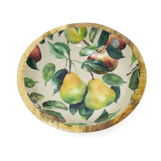 Large Mango Wood Bowl with Enamel Apples & Pears Design | Wooden Fruit Bowl 24cm