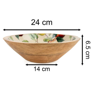 Large Mango Wood Bowl with Enamel Apples & Pears Design | Wooden Fruit Bowl 24cm
