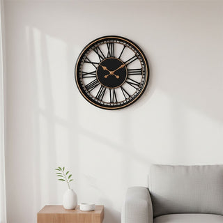Large Roman Numeral Wall Clock 48cm Black & Gold Industrial Skeleton Wall Clock