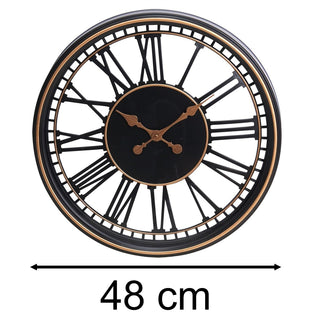 Large Roman Numeral Wall Clock 48cm Black & Gold Industrial Skeleton Wall Clock