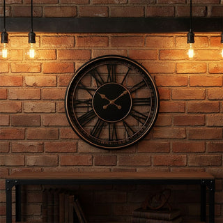 Large Roman Numeral Wall Clock 48cm Black & Gold Industrial Skeleton Wall Clock