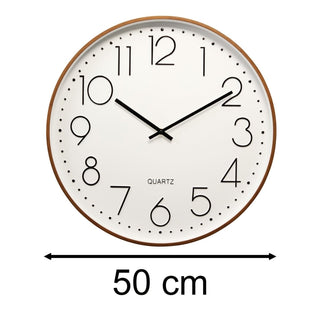 Large Round Wall Clock, 50cm White Face Black Numerals Dark Wood Effect Frame