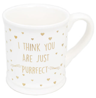 Large White China Glazed Ceramic Gold Polka Heart Cat Mug ~ I Think You Are Just Purrfect