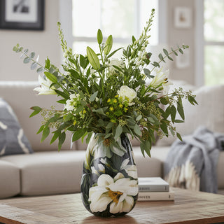 Large White Floral Metal Vase | 21cm Curved Gloss Flower Vase for Home Decor