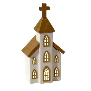 LED Ceramic Christmas Church | Light Up Ceramic & Wood Chapel Ornament - 23cm