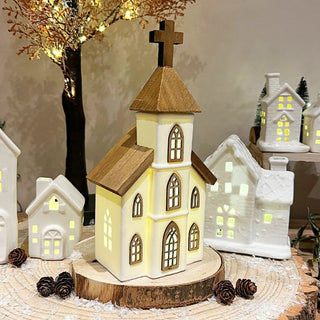 LED Ceramic Christmas Church | Light Up Ceramic & Wood Chapel Ornament - 23cm