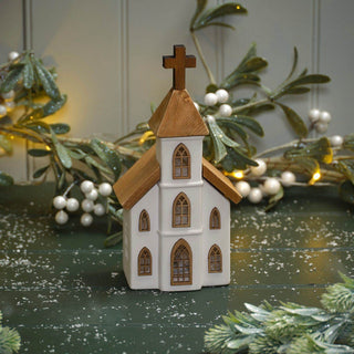 LED Ceramic Christmas Church | Light Up Ceramic & Wood Chapel Ornament - 23cm