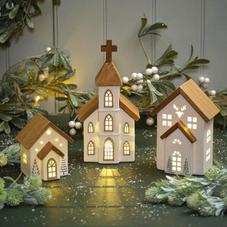 LED Ceramic Christmas Church | Light Up Ceramic & Wood Chapel Ornament - 23cm