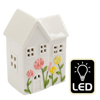 LED Ceramic House, 13.5cm Light - up Spring Flower White House Shelf Ornament