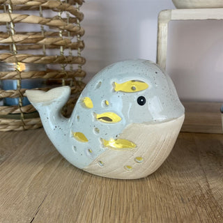 LED Ceramic Whale Ornament | Nautical Light - Up Statue - Coastal Bathroom Decor