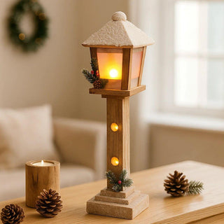 LED Christmas Lamp Post | Rustic Wooden Snow - topped Festive Street Light