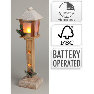 LED Christmas Lamp Post | Rustic Wooden Snow - topped Festive Street Light