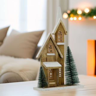 LED Wooden Christmas Church with Trees | Light - Up Nordic Chapel Ornament