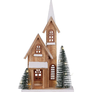 LED Wooden Christmas Church with Trees | Light - Up Nordic Chapel Ornament