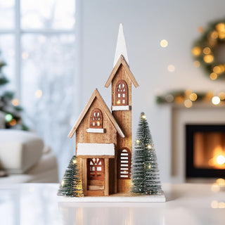 LED Wooden Christmas Church with Trees | Light - Up Nordic Chapel Ornament