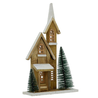 LED Wooden Christmas Church with Trees | Light - Up Nordic Chapel Ornament