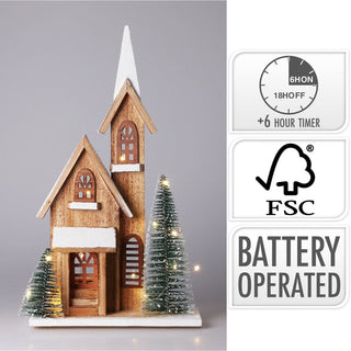 LED Wooden Christmas Church with Trees | Light - Up Nordic Chapel Ornament