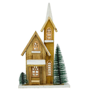 LED Wooden Christmas Church with Trees | Light - Up Nordic Chapel Ornament