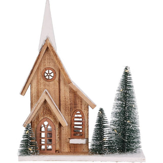 LED Wooden Christmas House with Bottle Brush Trees | Light - Up Rustic House