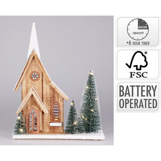 LED Wooden Christmas House with Bottle Brush Trees | Light - Up Rustic House