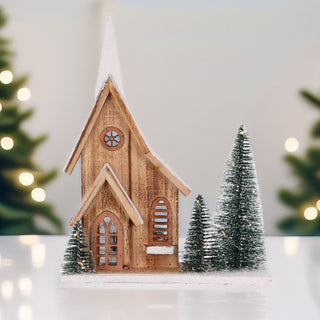 LED Wooden Christmas House with Bottle Brush Trees | Light - Up Rustic House