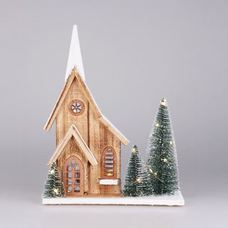 LED Wooden Christmas House with Bottle Brush Trees | Light - Up Rustic House