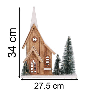 LED Wooden Christmas House with Bottle Brush Trees | Light - Up Rustic House