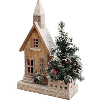 LED Wooden Christmas House with Tree | Snow - Covered Light Up Village House 44cm