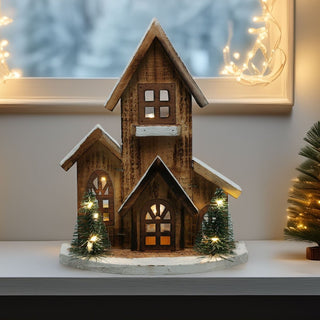 LED Wooden Christmas House with Trees | Light - Up Nordic House Ornament