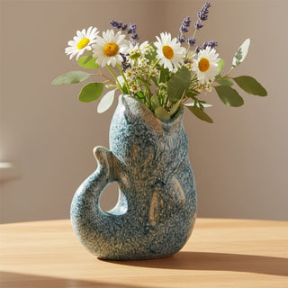 Light Blue Ceramic Fish Shaped Jug, 17cm Nautical Flower Vase Pitcher, Fish Ornament
