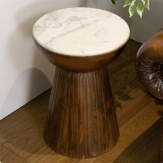 Mango Wood And Marble Side Table | White Marble And Wood Pedestal Table - 53cm