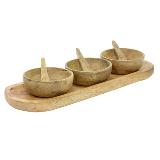 Mango Wood Bowl Set with Tray, Set of 3 Snack Bowls and Spoons Serving Platter