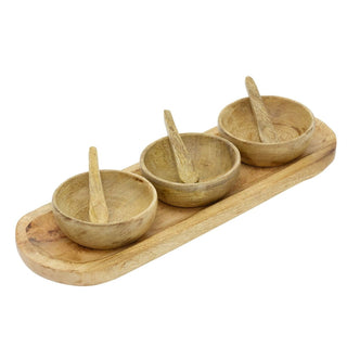 Mango Wood Bowl Set with Tray, Set of 3 Snack Bowls and Spoons Serving Platter