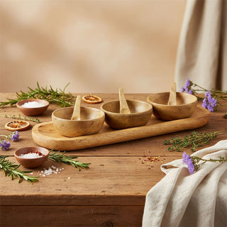 Mango Wood Bowl Set with Tray, Set of 3 Snack Bowls and Spoons Serving Platter