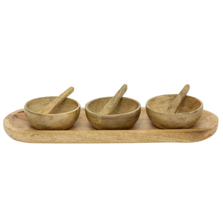 Mango Wood Bowl Set with Tray, Set of 3 Snack Bowls and Spoons Serving Platter