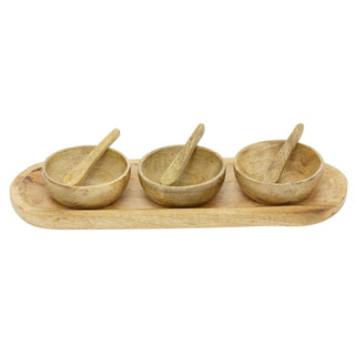 Mango Wood Bowl Set with Tray, Set of 3 Snack Bowls and Spoons Serving Platter
