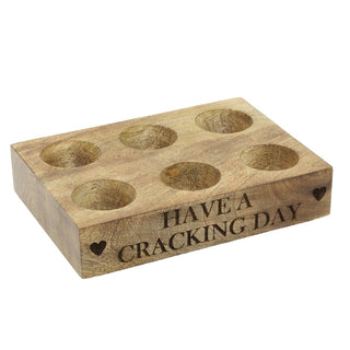 Mango Wood Egg Rack for 6 Eggs, 17cm Rustic Wooden Egg Storage Holder Tray