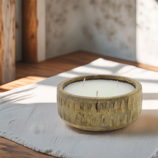 Mango Wood Ribbed 3-Wick Candle | Large White Scented Candle & Rustic Holder