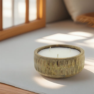 Mango Wood Ribbed 3-Wick Candle | Large White Scented Candle & Rustic Holder