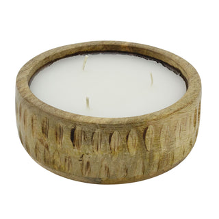 Mango Wood Ribbed 3-Wick Candle | Large White Scented Candle & Rustic Holder