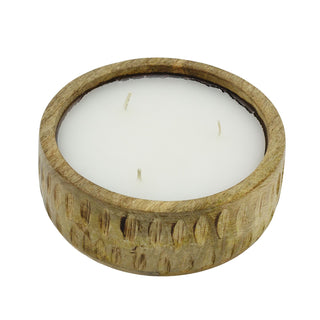 Mango Wood Ribbed 3-Wick Candle | Large White Scented Candle & Rustic Holder