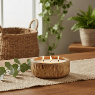Mango Wood Ribbed 3 - Wick Candle | Large White Scented Candle & Rustic Holder